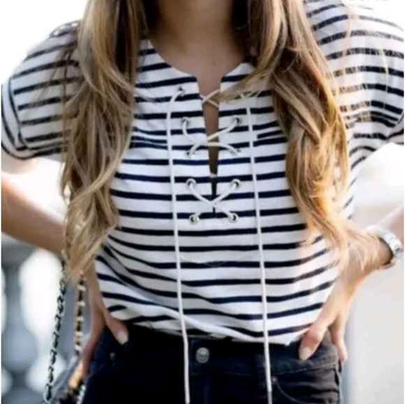 J. Crew Swingy Striped Poplin Lace Up Sailor T-Shirt - Picture 2 of 6